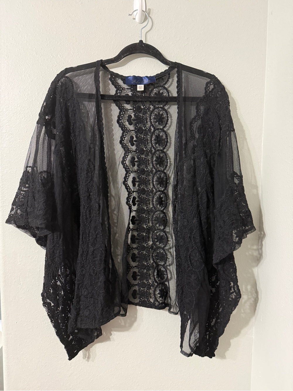 Francesca’s Blue Rain Black Whimsigoth Lace Sheer Kimono Top Batwing Sleeves M/L
